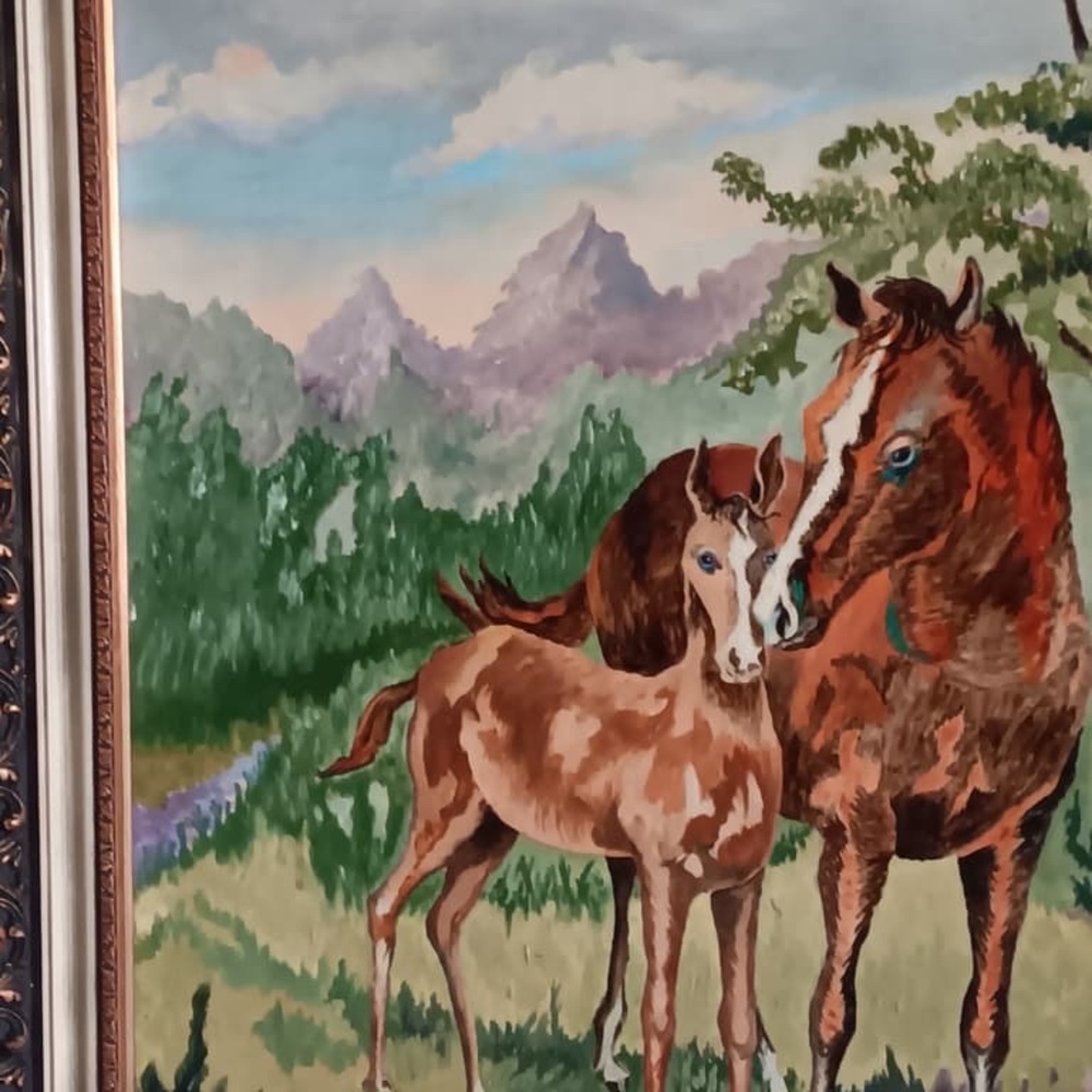Mid-century mother and fawn horse oil painting - Picture 3 of 3
